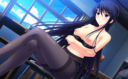 1girls black_hair blush bra breasts dutch_angle female game_cg large_breasts legs_crossed long_hair nipples owari_mio pantyhose peassoft purple_eyes sakurage_shibayuki sitting solo zutto_tsukushite_ageru_no!