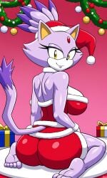 ai_generated ass ass_focus ass_grab blaze_the_cat bored christmas christmas_background christmas_dress christmas_outfit female female_only pixai sitting sonic_(series) sonic_the_hedgehog_(series)