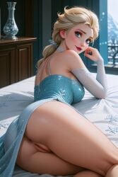 1girls ai_generated anus ass blonde_hair_female blue_dress blue_eyes_female disney disney_princess elsa_(frozen) eyeshadow female_only from_behind frozen_(film) frozen_2 lipstick looking_back_at_viewer lying_on_bed makeup pussy single_braid solo_female xalphafox