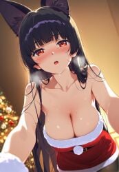 1girls breasts busty christmas christmas_clothing christmas_outfit cleavage collarbone dress fox fox_ears fox_girl girl_on_top heavy_breathing hoshimi_miyabi large_breasts looking_at_viewer pov sweat zenless_zone_zero