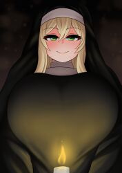 1girls blonde_hair blush candle closed_mouth green_eyes huge_breasts long_hair looking_at_viewer nun nun_(the_only_shoe) nun_outfit original smile solo the_only_shoe