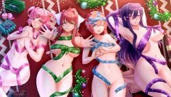 2024 2d 4girls absurdres blue_eyes blush bottle breasts brown_hair christmas cleavage cupcake doki_doki_literature_club female female_only gift gift_box green_eyes hair_between_eyes hair_ornament hair_ribbon hairbow hairclip heart_gesture heart_hands highres large_breasts light-skinned_female light_skin long_hair looking_at_viewer medium_breasts monika_(doki_doki_literature_club) morbite natsuki_(doki_doki_literature_club) navel nipple_peek nipples nude nude_female one_eye_closed open_mouth orange_hair pink_eyes pink_hair purple_eyes purple_hair ribbon sayori_(doki_doki_literature_club) short_hair small_breasts thick_thighs twintails very_long_hair wide_hips wink wreath yuri_(doki_doki_literature_club)