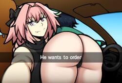 2boys ass ass_focus astolfo_(fate) big_ass bubble_butt car car_interior duo duo_female fate/grand_order femboy femboy_on_femboy gay genshin_impact girly he_wants_to_order looking_at_viewer male meme mullon oerba_yun_fang pink_hair pokemon skin_fang smile trap venti_(genshin_impact) yaoi