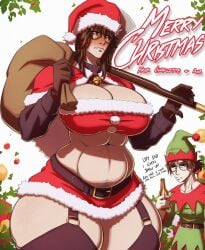 2d 2d_(artwork) 2girls abs alcohol ana_(nr4ces) axe bell belly big_breasts blush blushing_profusely breasts brown_hair charlotte_(nr4ces) christmas christmas_outfit chubby elf_costume elf_hat embarrassed freckles freckles_on_breasts glasses gloves green_outfit long_hair nr4ces ponytail red_outfit sack santa_costume santa_hat shaded skimpy_outfit stockings sweat taller_girl thick_thighs thighs tired