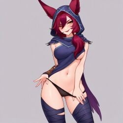 ai_generated animal_ears female female_focus league_of_legends no_background pantie_pull panties riot_games seductive seductive_look smile teasing undressing vastaya xayah