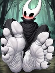 black_body black_toenails feet feet_focus foot_fetish forest_background fuealahomg hollow_knight hornet_(hollow_knight) insects muscles shy soles spread_legs spread_toes toenails toes wrinkled_feet wrinkled_soles