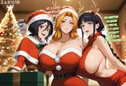 2024 ai_generated big_breasts bleach ecchi fake_antlers kuchiki_rukia kurotsuchi_nemu matsumoto_rangiku santa_costume santa_hat stable_diffusion virgin_killer_sweater zaku19