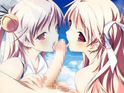 2boys 2girls baldr_(series) baldr_sky baldr_sky_dive_2 blonde_hair blush censored collaborative_fellatio double_fellatio fellatio game_cg hair kikuchi_seiji kuu_(baldr_sky) licking male minazuki_sora mosaic_censoring multiple_fellatio oral penis red_eyes straight teamwork threesome