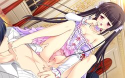 ankoromochi black_hair blood blush breasts censored cum dress game_cg katsuranomiya_saya long_hair nipples panties ponytail red_eyes satou_satoru sex shitsuji_ga_aruji_wo_erabu_toki spread_legs tied_hair underwear vagina wet