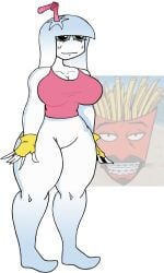 aqua_teen_hunger_force big_breasts colored fingerless_gloves frylock gijinka gradient grey_background humanoid master_shake no_genitals rule_63 solo straw thewboy wboybuckwheat_(artist) white_body white_skin