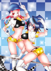 2girls beige_skin blue_eyes blue_hair breasts character_request checkered_flag clothes color female female_only flag gloves hair hat human looking_at_viewer multiple_females multiple_girls open_eyes red_eyes red_hair rule_63 skimpy wink yu-gi-oh! yu-gi-oh!_5d's