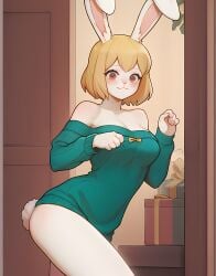 ai_generated bare_shoulders blonde_hair blush brown_eyes bunny_ears bunny_girl bunny_tail carrot_(one_piece) christmas cute one_piece sweater thighs trompitpro white_skin