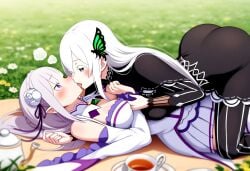 2girls ai_generated big_ass big_breasts big_butt blush blushing_female blushing_profusely breast_grab breast_squeeze breath bubble_ass bubble_butt cleavage deep_cleavage echidna_(re:zero) emilia_(re:zero) face_between_breasts face_in_breasts female female_only groping groping_breasts huge_ass huge_breasts image_set kissing large_breasts licking massive_breasts moaning motorboating narrow_waist open_mouth picnic re:zero_kara_hajimeru_isekai_seikatsu self_upload tea tea_party teacup thick_thighs tongue wide_hips yeetyboi5000 yuri yuri