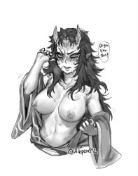 2girls abs bashful big_breasts breasts breasts_bigger_than_head breasts_out demon demon_girl demon_horns demon_humanoid demon_slayer dominant dominant_female domination female female_focus female_only female_penetrating flustered genderswap_(mtf) greyscale hantengu hard_nipples horny horny_female japanese japanese_clothes japanese_clothing japanese_female kimetsu_no_yaiba long_bangs long_hair long_hair_female muscles muscular muscular_female nipples nipples_hardening no_bra pointy_ears sekido sharp_teeth submissive submissive_female uncolored upper_moon wihper492