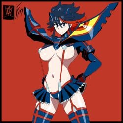 1girls big_breasts black_hair blue_eyes breasts cleavage female female_only fungus-man hands_on_hips kill_la_kill large_breasts light-skinned_female light_skin matoi_ryuuko midriff multicolored_hair navel red_hair senketsu skimpy skimpy_clothes skin_tight skindentation solo