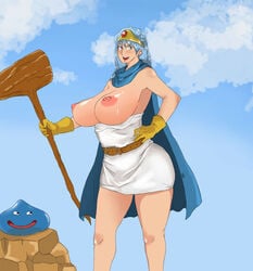 :d areola belt blue_eyes blue_hair breasts breasts_out cape clothing dragon_quest dragon_quest_iii dress earring gem gloves hand_on_hip huge_breasts large_areolae large_breasts looking_away nikuyoku nipples open_mouth perky_breasts pose sage_(dq3) shiny slime slime_(dragon_quest) smile staff sweat tiara