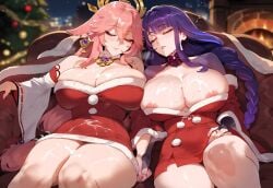 2girls after_sex ai_generated animal_ears areola_slip areolae bangs bare_shoulders bell blush braid braided_ponytail breast_press breasts christmas christmas_outfit christmas_tree clavicle cleavage closed_eyes closed_mouth clothing couch cum_on_body cum_on_breasts cum_on_upper_body curvaceous curvaceous_female curvaceous_figure curvy curvy_figure detached_sleeves dress earrings eyebrows_visible_through_hair facial female female_focus female_only floppy_ears fox_ears fur_trim genshin_impact hair_between_eyes hair_ornament headwear holding_hands hoyoverse huge_breasts indoors jewelry large_areolae large_breasts legwear light-skinned_female long_hair long_sleeves looking_at_viewer lying miyuai mole mole_under_eye multiple_girls navel night nipples no_bra parted_lips pink_hair ponytail purple_eyes purple_hair purple_nails raiden_shogun red_dress resting robe santa_costume santa_dress santa_hat semen semen_on_chest sidelocks single_braid sitting sleeping smile spread_legs sweat thiccwithaq_(ai_style) thick_thighs thighs tied_hair traditional_clothes very_long_hair voluptuous voluptuous_female wafuku wide_sleeves yae_miko yae_miko_(genshin_impact)