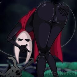 1:1 2024 5_fingers animated anthro arthropod artist_name ass bent_over biped black_eyes breasts cloak clothing digital_media_(artwork) english_text eyelashes female fingers genitals hollow_knight hornet_(hollow_knight) juicykinks looking_at_viewer loop low_res melee_weapon pussy rear_view red_cloak red_clothing shaking_butt short_playtime solo spreading team_cherry text the_knight_(hollow_knight) weapon