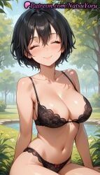 1girls ^_^ ai_generated anime anime_style areola_slip asian bangs bare_arms bare_shoulders black_bra black_hair black_panties blush bow bow_panties bra breasts bust busty cleavage closed_eyes closed_eyes closed_mouth clothing collarbone covered_nipples day facing_viewer female female_focus female_only grass hair_between_eyes hentai lace-trimmed_bra lace-trimmed_panties large_breasts lingerie lips marvel marvel_comics marvel_rivals natsuyoru nature navel nipples_outside outdoors panties pantsu peni_parker peni_parker_(marvel_rivals) see-through short_hair sitting sky smile solo solo_female stomach thighs tree underwear underwear_only voluptuous voluptuous_female water wet