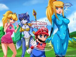 3girls anthro ass_focus big_breasts blonde_hair blue_eyes blue_hair breasts bubble_ass bubble_butt busty butt_focus dat_ass female fox fur furry huge_ass huge_breasts human krystal krystal's_staff male mario mario_(series) mario_tennis metroid multiple_girls nintendo princess_peach samus_aran sigurdhosenfeld slapping spanking staff star_fox straight weapon zero_suit zero_suit_samus