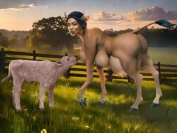 calf cow_ears cow_horns field_background hooves hucow multi_breast synthean udders