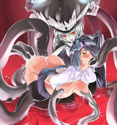 2013 2girls abyssal_ship all_three_filled anal arms_behind_back bad_pixiv_id black_legwear blush bodysuit breasts cape cum double_penetration duo eye_patch headgear hi_res highres interspecies kantai_collection kneeling large_breasts long_hair monster multiple_girls nipples ohland open_clothes open_mouth open_shirt pale_skin panties panty_pull personification purple_hair questionable_consent rape red_eyes restrained sex shinkaisei-kan short_hair silver_hair skirt skirt_lift smile source_request tears tenryuu_(kantai_collection) tentacle thighhighs triple_penetration underwear vaginal_penetration wo-class_aircraft_carrier x-ray yellow_eyes