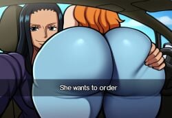 2girls ass ass_focus big_ass big_breasts breasts bubble_butt car car_interior duo duo_female female he_wants_to_order jeans looking_at_viewer meme mullon nami nami_(one_piece) nico_robin one_piece