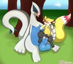 absurd_res anal anal_sex anthro arm_tuft ass balls blush bodily_fluids braixen canid canine chair_position cheek_tuft chest_tuft closed_eyes cum cum_inside cum_on_butt cum_on_leg cum_on_penis detailed_background digital_media_(artwork) duo ejaculation erection facial_tuft feral forest from_behind_position fur generation_2_pokemon generation_6_pokemon genital_fluids genitals grey_(dgbraixen) hands-free hi_res inflation inflation inner_ear_fluff legendary_pokemon lugia male male/male male_penetrated male_penetrating male_penetrating_male mammal nintendo open_mouth penetration penile penis penis_size_difference plant pokemon pokemon_(species) precum precum_on_ass precum_on_leg precum_on_penis red_body red_fur sex shoulder_tuft signature sitting sitting_on_ground size_difference tail tree tuft white_body white_fur yellow_body yellow_fur zakiredlight