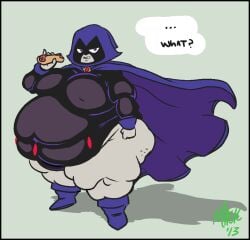 ... 1girls ass belly belly_overhang breasts cape cartoon_network cellulite dc_comics english_text fat female female_focus female_only grey_body hero heroine hips hood hood_up hoodie hot_dog hotdog jimman large_ass large_breasts leotard nipple_bulge overweight overweight_female purple_eyes rachel_roth raven_(dc) stomach teen_titans text thick_thighs thighs weight_gain wide_hips