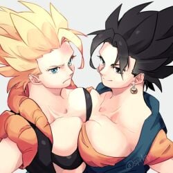 black_eyes black_hair blonde_female blonde_hair blue_eyes cleavage dragon_ball dragon_ball_z earrings female_gogeta genderswap_(mtf) gogeta large_breasts looking_at_viewer potara_earrings pressed_together son_goku spiky_hair super_saiyan vegeta vegito