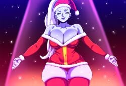 1girls ai_generated angel blue_body christmas dragon_ball dragon_ball_super female large_breasts mullon novelai santa_costume smile solo thick_thighs vados white_hair