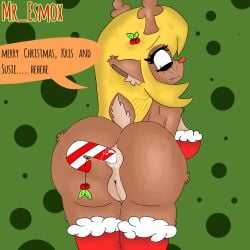 2024 anthro anus ass blonde_hair breasts brown_fur candy candy_cane candy_cane_insertion cervid cervine christmas christmas_outfit cute deer deer_girl deltarune deltarune_chapter_2 dialogue digital_media_(artwork) e621 female female_only furry green_eyes inviting mr_esmox noelle_holiday presenting pussy simple_background socks text toying_self vagina video_games