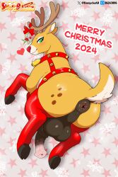 2024 absurd_res animal_genitalia animal_penis anus artist_logo ass balls big_balls black_balls blush clothing cosmic_background deer equine_genitalia equine_penis femboy feral fur genitals green_eyes heart_symbol hi_res legwear logo male male_feral mammal merry_christmas mistletoe mistletoe_on_horn new_world_deer penis plant raised_tail red_clothing red_legwear red_nose red_thigh_highs reindeer rudolph_the_red-nosed_reindeer sleazychuad solo starry_background tail tan_body tan_fur thigh_highs