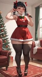 1girls ai_generated big_hips blush christmas curvy curvy_body curvy_female curvy_figure front_view happy hi_res high_heels highres indoors leggings looking_at_viewer platform_heels red_dress singing smile sweat sweatdrop synthneon thick_thighs twintails wide_hips