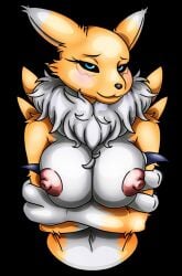 2016 anthro areola bandai_namco bare_shoulders big_breasts black_nose black_sclera blue_eyes breasts canid canine claws digimon digimon_(species) erect_nipples female fur happyanthro hi_res looking_at_viewer mammal navel nipples nude renamon smile solo white_body white_fur yellow_body yellow_fur