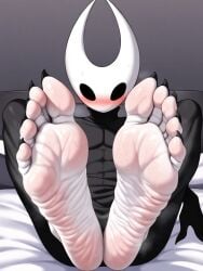 black_background black_body black_toenails feet feet_focus foot_fetish fuealahomg hollow_knight hornet_(hollow_knight) insects muscles shy soles toenails toes white_bed