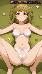 1girls ai_generated anime anime_style armpits bangs bare_arms bare_legs bare_shoulders barefoot bashame_meme blunt_bangs blush bow bow_bra bow_panties bra breasts brown_eyes brown_hair bust busty cameltoe cleavage collarbone feet female female_focus female_only flower foot_fetish grass green_hair knees_up lace-trimmed_bra lace_panties lace_trim legs lingerie looking_at_viewer lying m_legs makeup medium_breasts natsuyoru navel on_back on_grass outstretched_arms panties pantsu parted_lips shikanoko_nokonoko_koshitantan short_hair smile solo solo_female spread_legs stomach thighs toes underwear underwear_only voluptuous voluptuous_female white_bra white_panties