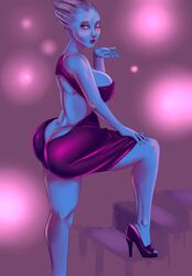 asari ass blowing_kiss blue_skin breasts cleavage curvy dat_ass heels high_heels huge_ass large_ass large_breasts mass_effect nikuyoku no_bra no_panties pink_eyes presenting sideboob thick_lips thick_thighs thighs voluptuous wide_hips wink