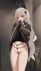 absurdres arms_behind_back awaji azur_lane black_neckerchief black_skirt bondage bondage bondage bound bound_arms bound_torso breasts crotch_rope female formidable_(azur_lane) formidable_(rockin'_encore)_(azur_lane) formidable_(the_lover's_heart_flutters_on_duty)_(azur_lane) grey_hair highres large_breasts long_hair long_sleeves looking_at_viewer miniskirt neckerchief official_alternate_costume pleated_skirt restrained rope school_uniform shibari_over_clothes skirt solo underwear very_long_hair