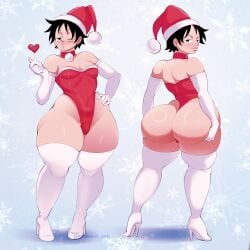 ass ass_grab back_view bamboopineapple big_ass big_butt blush bulge christmas christmas_clothing christmas_headwear christmas_outfit femboy femboy_focus femboy_only flat_chest gloves heart huge_ass male male_focus male_only monkey_d_luffy one_eye_closed one_piece santa_hat scar solo solo_male thick_thighs thighhighs thighs white_gloves white_thighhighs wide_hips