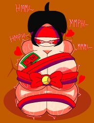 big_breasts blindfold bondage bondage christmas christmas_ribbon dispatcher_(tds) gagged gagged_female kneeling merry_christmas ribbon ribbon_bondage sweaty_body thick_thighs tied_up tower_defense_simulator