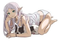 1girls all_fours animal bare_shoulders barefoot bracelet camisole canine elf frieren green_eyes hikimayu jewelry long_hair looking_at_viewer panties parted_bangs pointy_ears shiren_(ourboy83) simple_background smile solo sousou_no_frieren underwear white_background white_hair white_panties