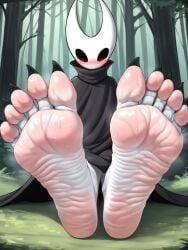 black_body black_toenails feet feet_focus foot_fetish forest_background fuealahomg hollow_knight hornet_(hollow_knight) insects muscles pink_soles shy soles spread_legs spread_toes toenails toes wrinkled_feet wrinkled_soles