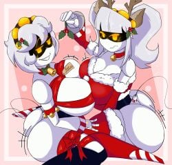 2girls ass big_ass big_breasts big_thighs blush breasts butt christmas christmas_clothing christmas_outfit drone female female_focus female_only gigantic_ass gigantic_thighs huge_ass huge_breasts huge_thighs j_(murder_drones) kayl looking_at_viewer murder_drones robot robot_girl short_hair tagme tail thick_hips thick_thighs twintails v_(murder_drones) white_hair yellow_eyes