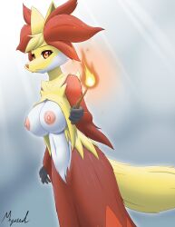 absurd_res anthro big_breasts breasts delphox female fire furry generation_6_pokemon hi_res inner_ear_fluff looking_at_viewer myssedakes nintendo nipples orange_eyes pokemon pokemon_(species) red_body solo tuft wand