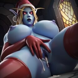 ai_generated bimbo blood_elf christmas_hat cum cum_in_pussy elf_female latex looking_at_viewer massive_breasts nude perfect_body pointy_ears pussy_juice_drip stable_diffusion stockings sylvanas_windrunner warcraft world_of_warcraft