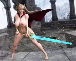 1girls big_breasts blonde_hair breasts cape long_hair looking_at_viewer nipples no_bra no_panties nude skyarsenic solo sword tattoos twintails