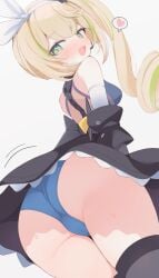 ass black_legwear blonde_hair blue_panties blush earpiece girls'_frontline girls'_frontline_2:_exilium hairband heart hone_kawa looking_back panties sharkry side_ponytail starry_eyes stockings teal_eyes two_tone_hair upskirt viewed_from_below