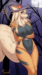 absurd_res anthro arcanine big_breasts black_nipples blonde_hair breasts brown_eyes clothed clothing female generation_1_pokemon hair hat headgear headwear hi_res looking_at_viewer moon myssedakes night nintendo nipples orange_body panties pokemon pokemon_(species) solo topless underwear wand witch_hat