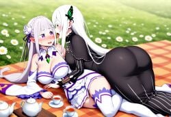 2girls ai_generated big_ass big_breasts big_butt blush blushing_female blushing_profusely breath bubble_ass bubble_butt cleavage deep_cleavage echidna_(re:zero) emilia_(re:zero) female female_only huge_ass huge_breasts image_set kissing large_breasts licking massive_breasts narrow_waist picnic re:zero_kara_hajimeru_isekai_seikatsu self_upload tea tea_party teacup thick_thighs tongue wide_hips yeetyboi5000 yuri yuri